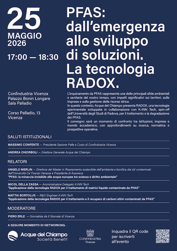 Acque del Chiampo|PFAS, Acque del Chiampo presenta lunedì 25 maggio a Vicenza la tecnologia sperimentale RADOX per la degradazione completa dei microinquinanti